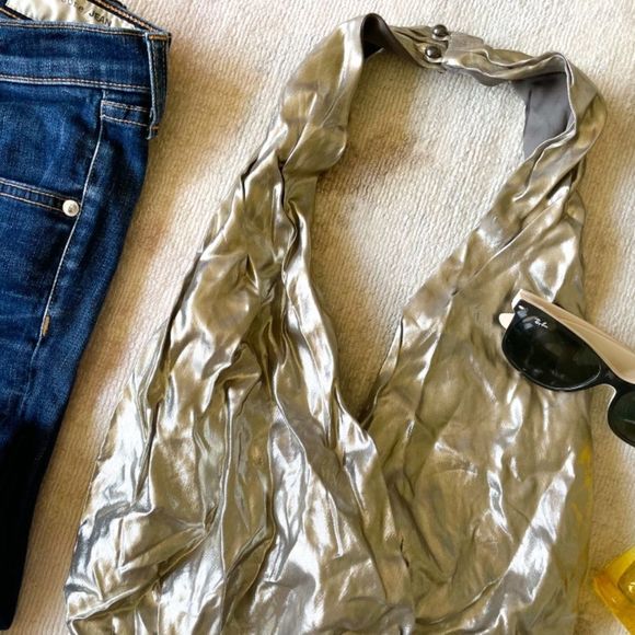 Nicole Miller God Label Slinky Gold Metallic Designer Halter Top NEW - Picture 3 of 14